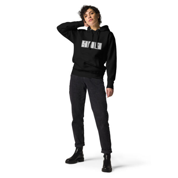 Ein Unisex-Kaputzenpullover von vorne mit Kaputze, bedruckt für Männer wie für Frauen
