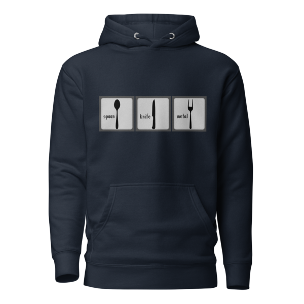 Ein dunkelblauer Hoodie von vorne mit Kaputze, bedruckt
